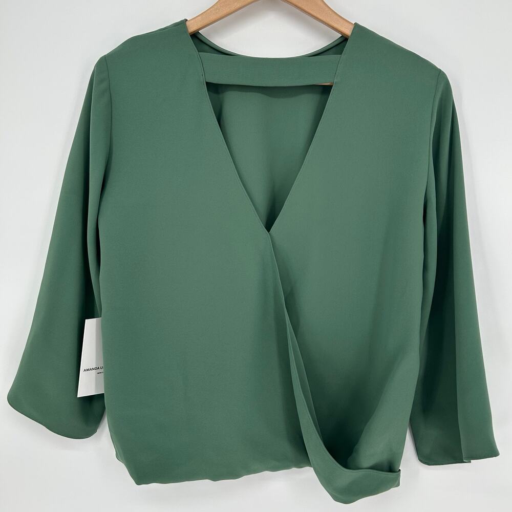 Amanda Uprichard Blouse Sz S NWT Deep Sage Green‎ Wrap Front Long Sleeve Top